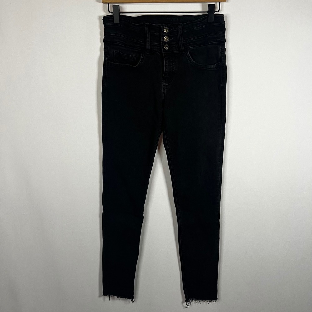 Flying Monkey Pants Women 27 Black Denim High Rise Skinny Jeans Stretch Raw Hem